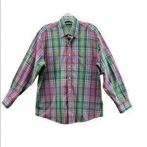Alan Flusser Mens Medium Pink Green Plaid Button Down Long Sleeve Dress Shirt